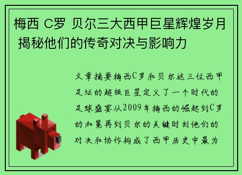 梅西 C罗 贝尔三大西甲巨星辉煌岁月 揭秘他们的传奇对决与影响力